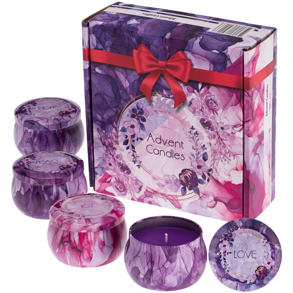 Adventskerzen 4Er Set - Adventsgeschenke - Adventsgeschenk Kerzenbox - Liebe Frieden Hoffnung Freude Bedruckt Auf Dosen Blechkerzen Mit Adventsfa-image