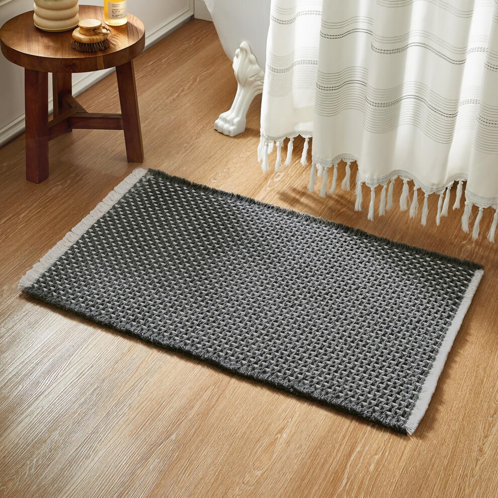 Tyuu Boho Antislip Badmat Superabsorberend Snel Droog Wasbaar Boerderijmat Voor Badkamer Donkergrijs En Wit 36""""X24"""" Met Antislip Onderlaag-image