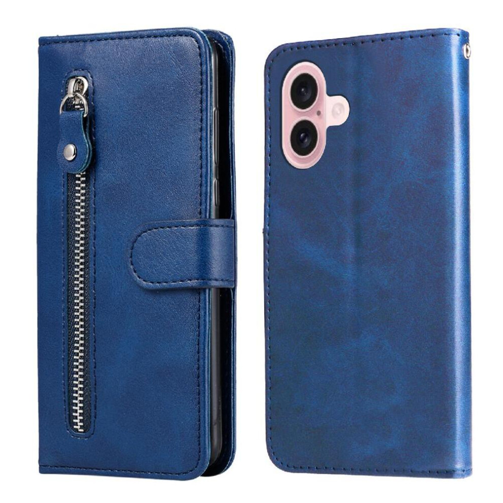 (Blue) Case For Iphone 16 Plus Card Slot Holders Zipper Protective Cover Leather Blue 764563696772
