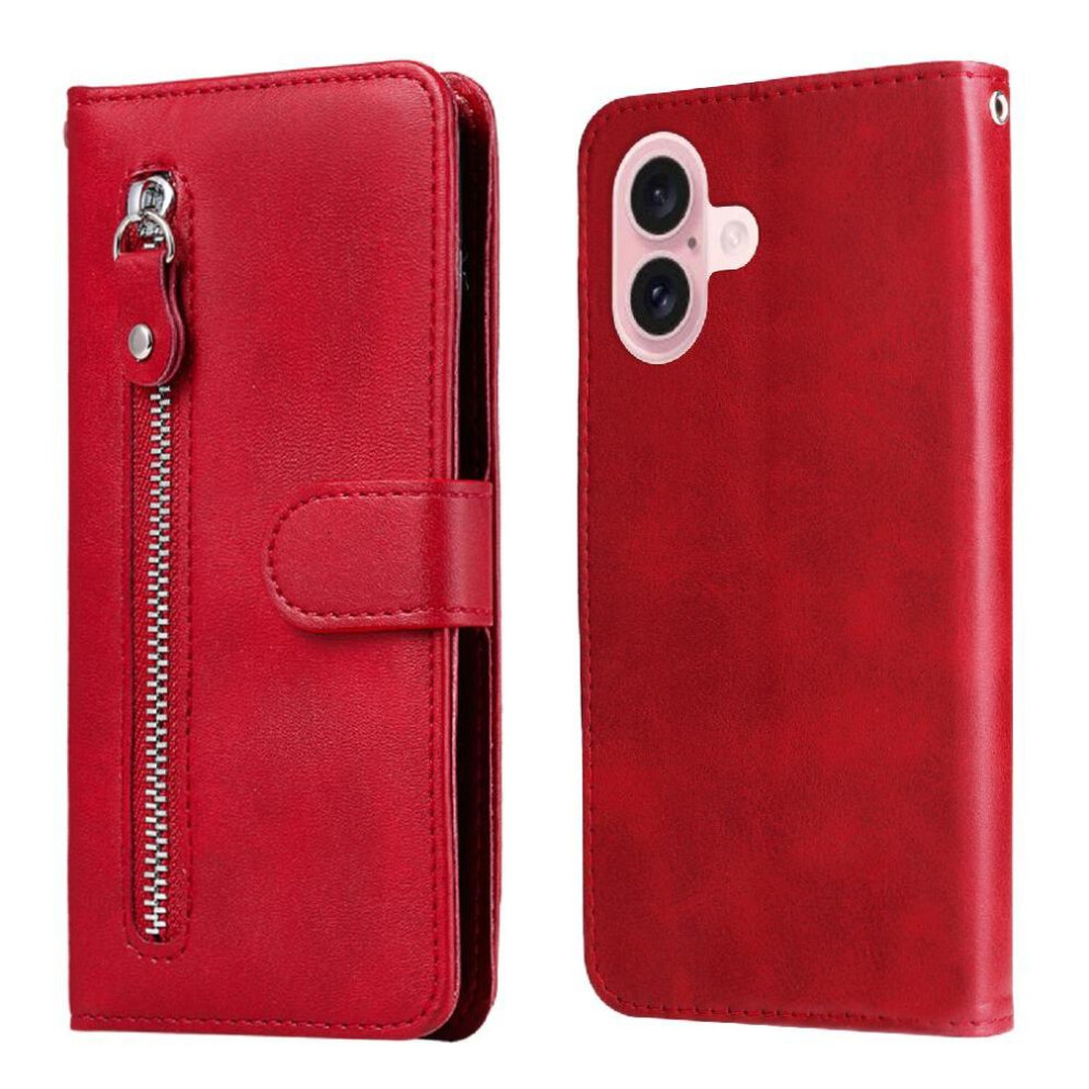 (Red) Case For Iphone 16 Plus Card Slot Holders Zipper Protective Cover Leather Red 764563696802