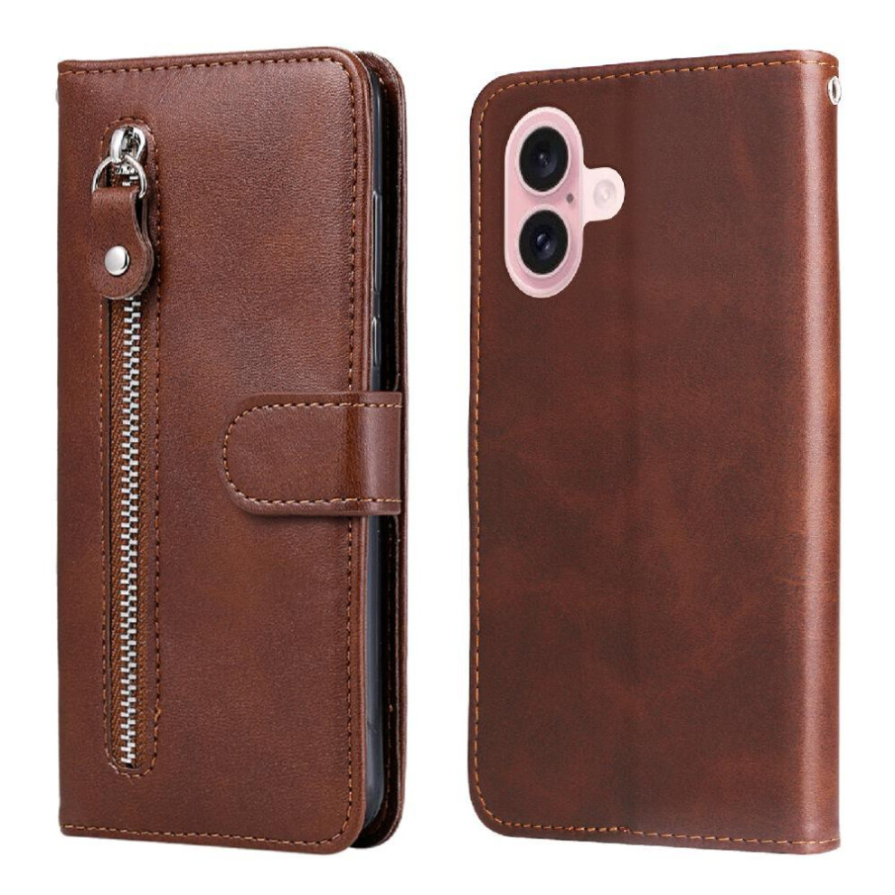 (Brown) Case For Iphone 16 Plus Card Slot Holders Zipper Protective Cover Leather Brown 764563696789