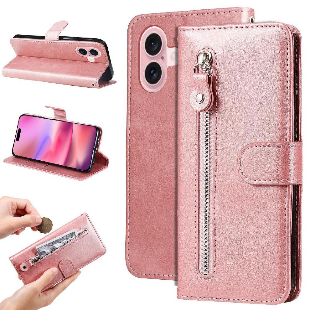 (Pink) Case For Iphone 16 Protective Cover Leather Zipper Card Slot Holders Pink 764563696819
