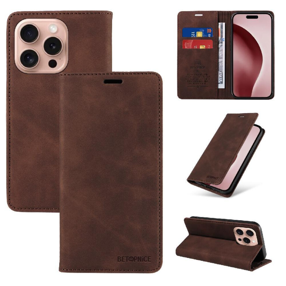 (Brown) Case For Iphone 16 Pro Magnetic Pu Leather Protective Folio Wallet Brown 764563696949