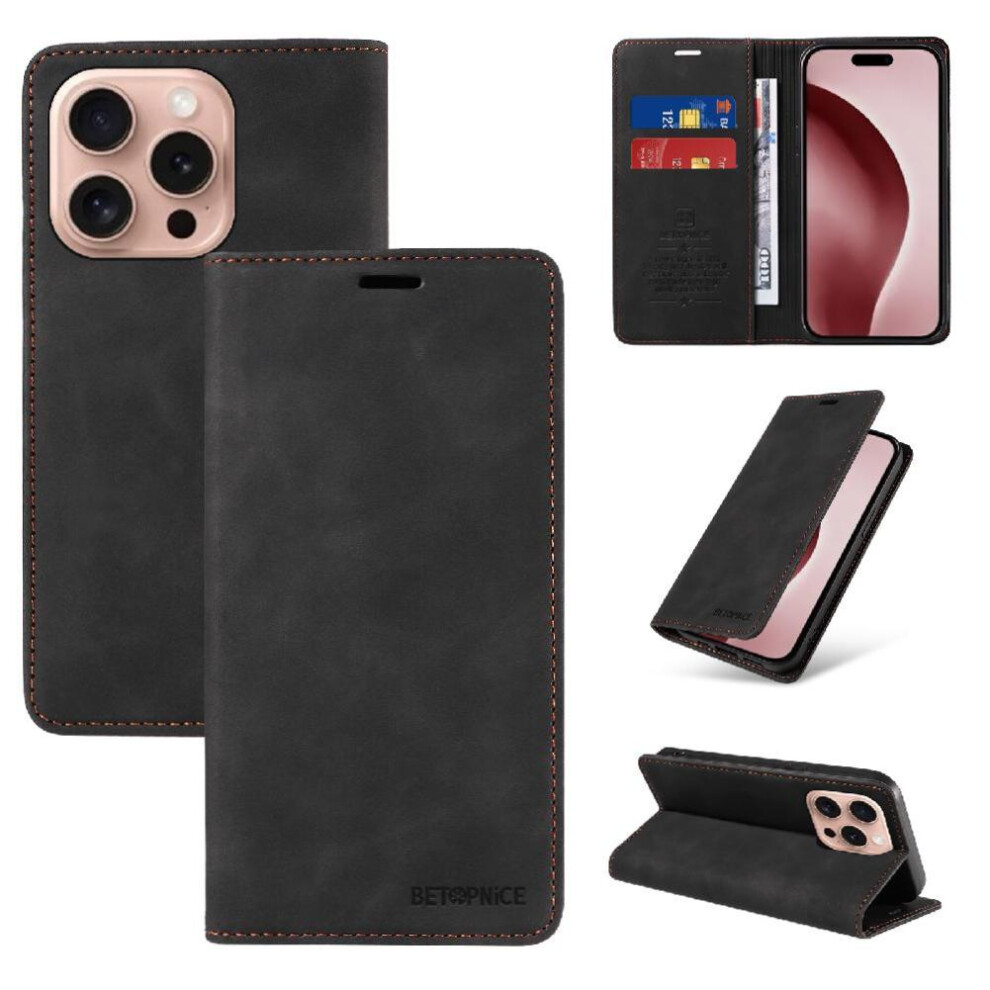 (Black) Case For Iphone 16 Pro Magnetic Pu Leather Protective Folio Wallet Black 764563696932