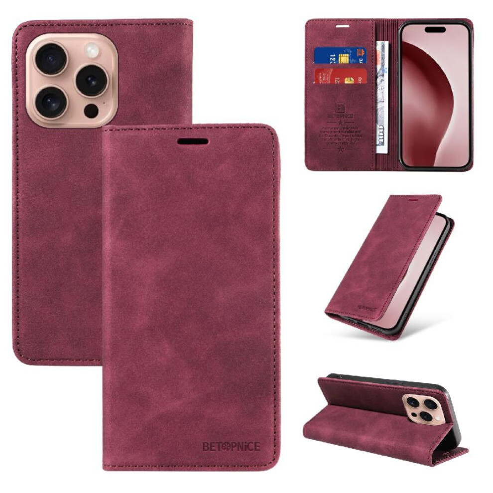 (Red) Case For Iphone 16 Pro Magnetic Pu Leather Protective Folio Wallet Red 764563696925