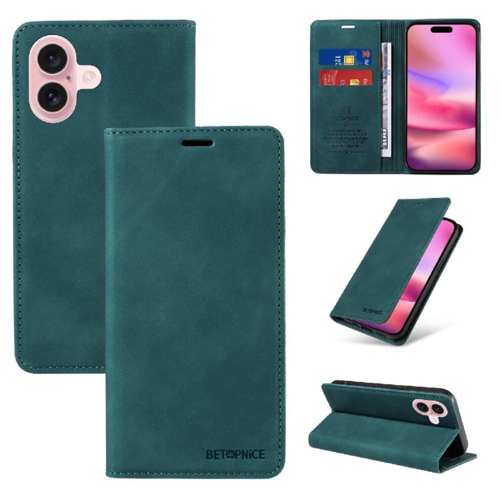 (Green) Case For Iphone 16 Plus Magnetic Protective Folio Wallet Pu Leather Green 764563696963