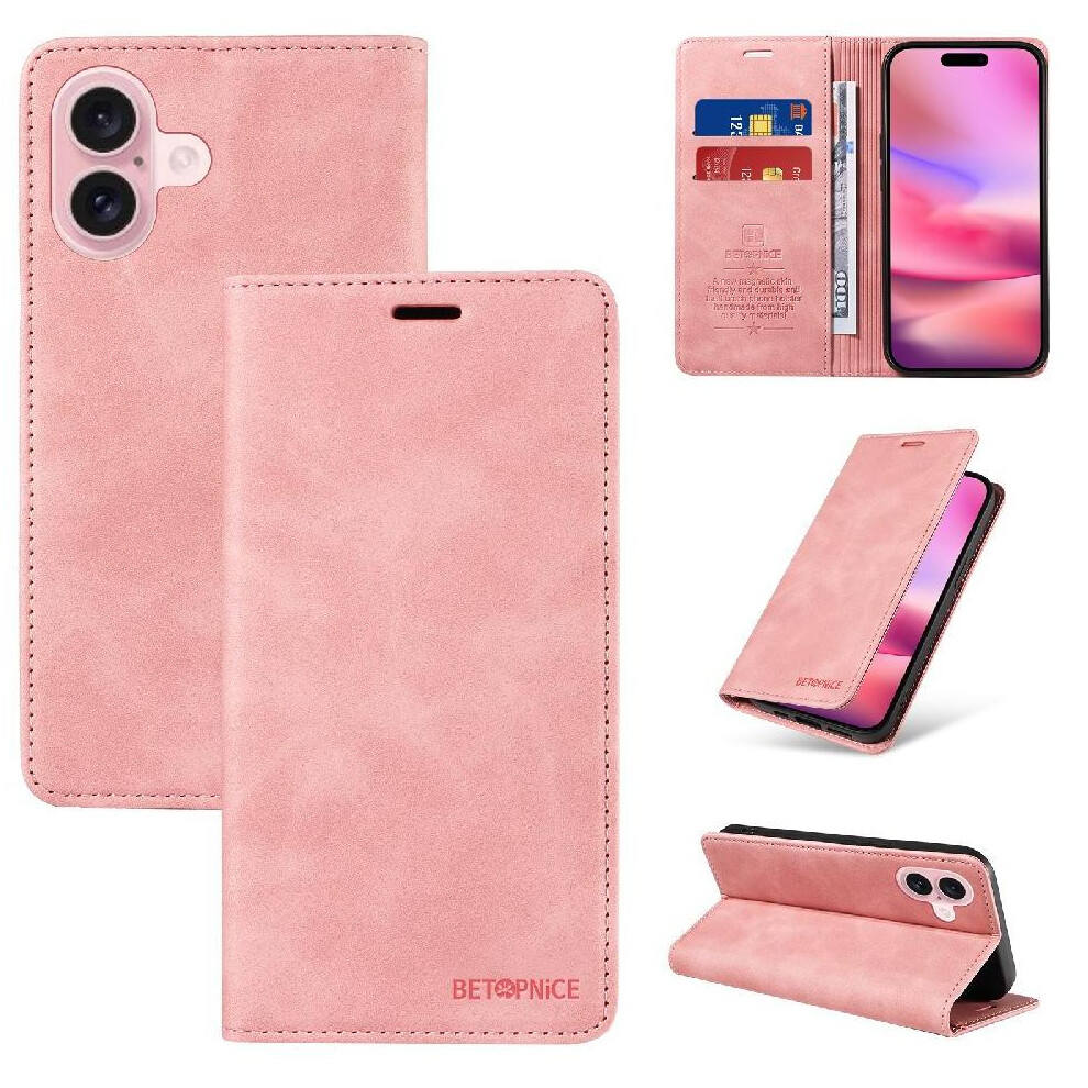 (Pink) Case For Iphone 16 Magnetic Folio Wallet Protective Pu Leather Pink 764563697052