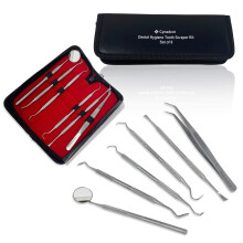 Set di strumenti dentali CynaMed da 6 pezzi: spazzolino dentale in acciaio inossidabile, raschietto per denti, pinzette per la rimozione di placc