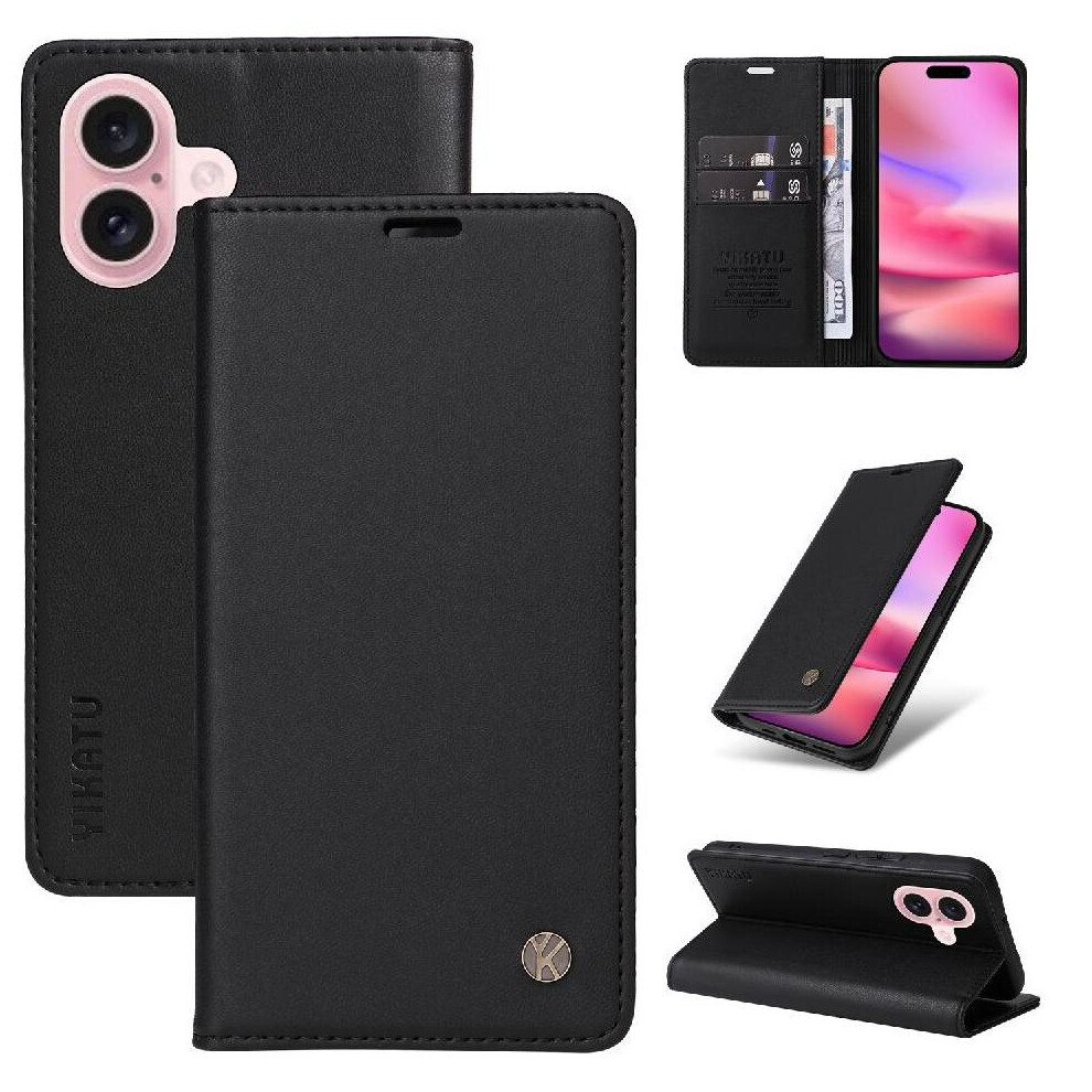 (Black) Flip Case For Iphone 16 Strong Magnetic Attraction With Card Slots Faux Leather And Full Matte Tpu And Stand Functionality Black 764563697694