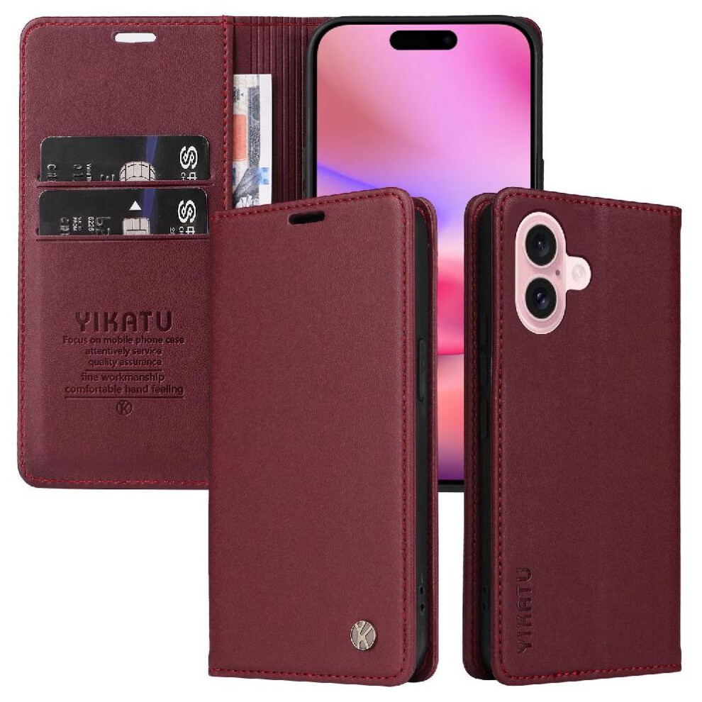 (Red) Flip Case For Iphone 16 Strong Magnetic Attraction With Card Slots Faux Leather And Full Matte Tpu And Stand Functionality Red 764563697724