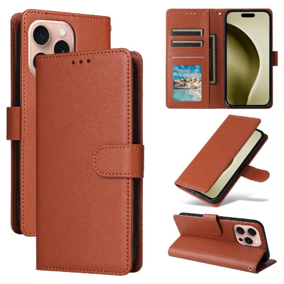 Photos - Case  Flip  for iphone 16 Pro Card Holder Pu Leather Wallet  Kickstand Magnetic Wrist Strap(Brown)