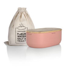 LARS NYSM BREAD BOX I Metalboks med linnedpose til langvarig friskhed I Bread Bin With Bambus LID Bruges som skærebræt I 14.2x7.5x5.1 in (Blush R