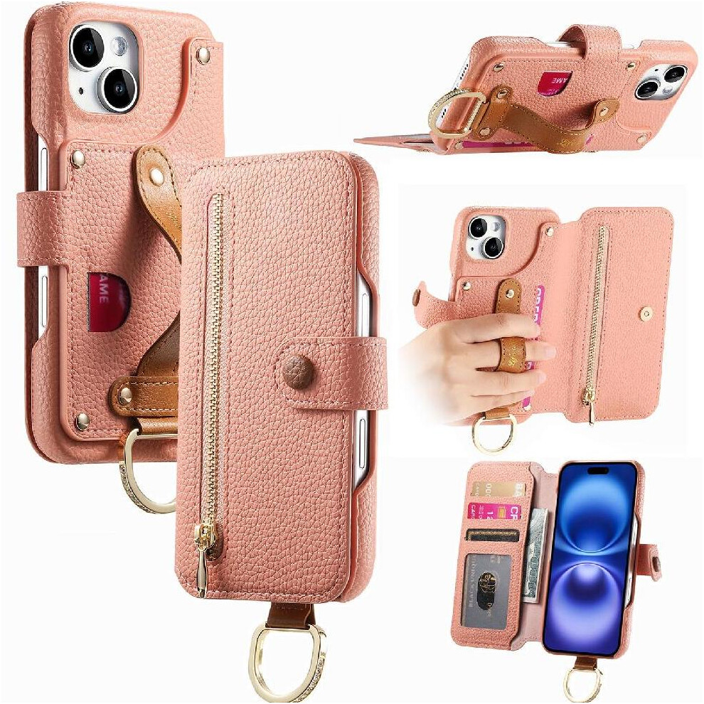 (Pink) Compatible With Iphone 13 Case Crad Slot Wallet Stand Zipper Wristband Pink 764563698561
