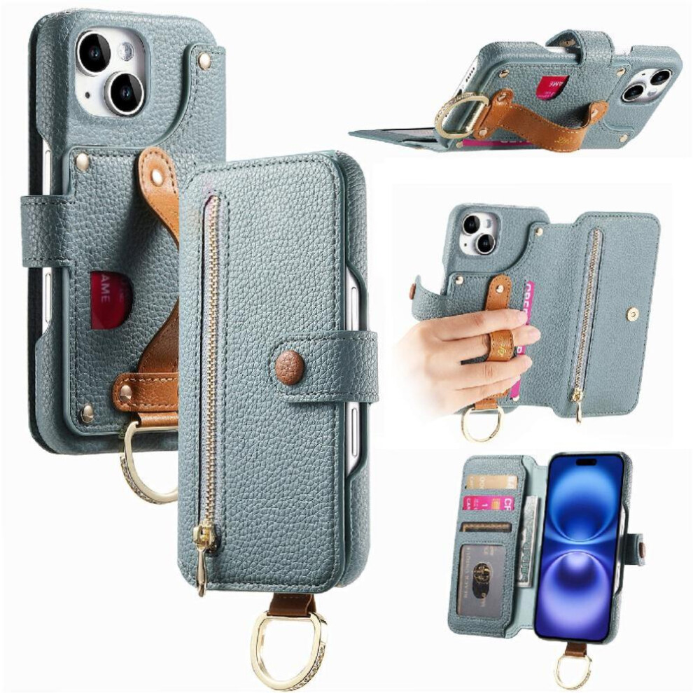 (Blue) Compatible With Iphone 13 Case Crad Slot Wallet Stand Zipper Wristband Blue 764563698615