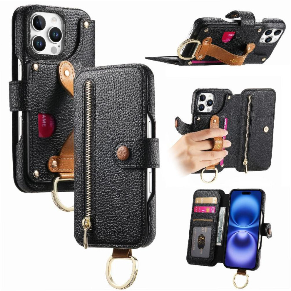 (Black) Compatible With Iphone 13 Pro Case Wallet Crad Slot Zipper Wristband Stand Black 764563698691