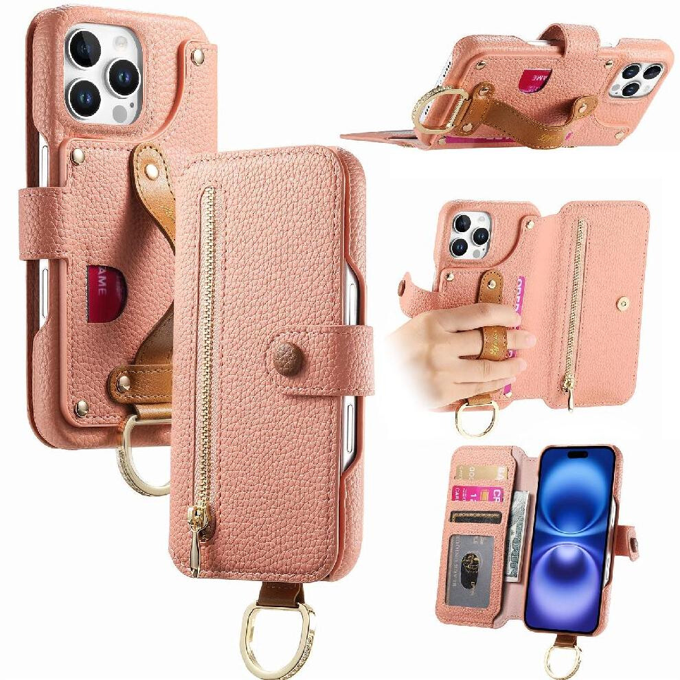 (Pink) Compatible With Iphone 13 Pro Case Wallet Crad Slot Zipper Wristband Stand Pink 764563698639