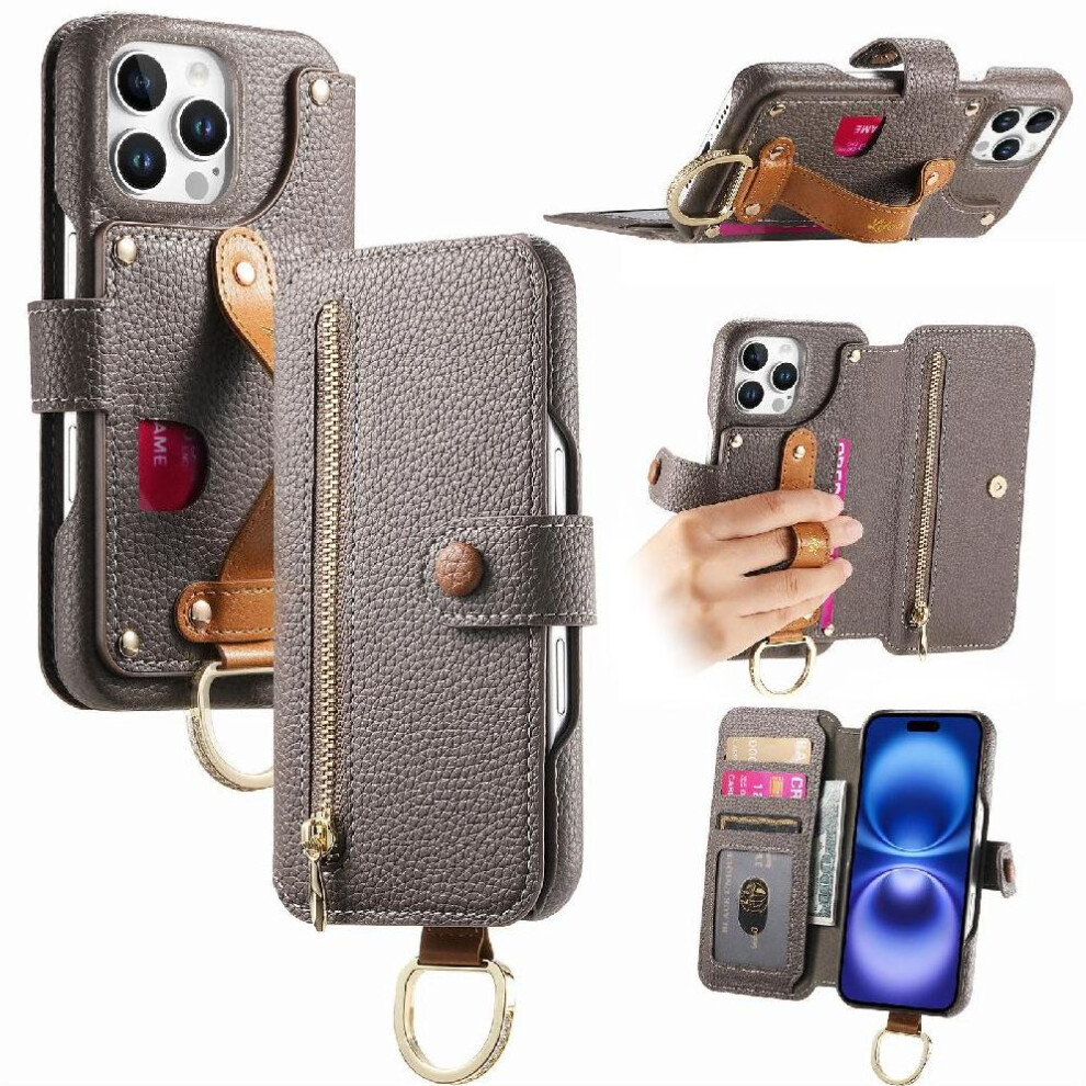 ( ) Compatible With Iphone 13 Pro Case Wallet Crad Slot Zipper Wristband Stand Gray 764563698653