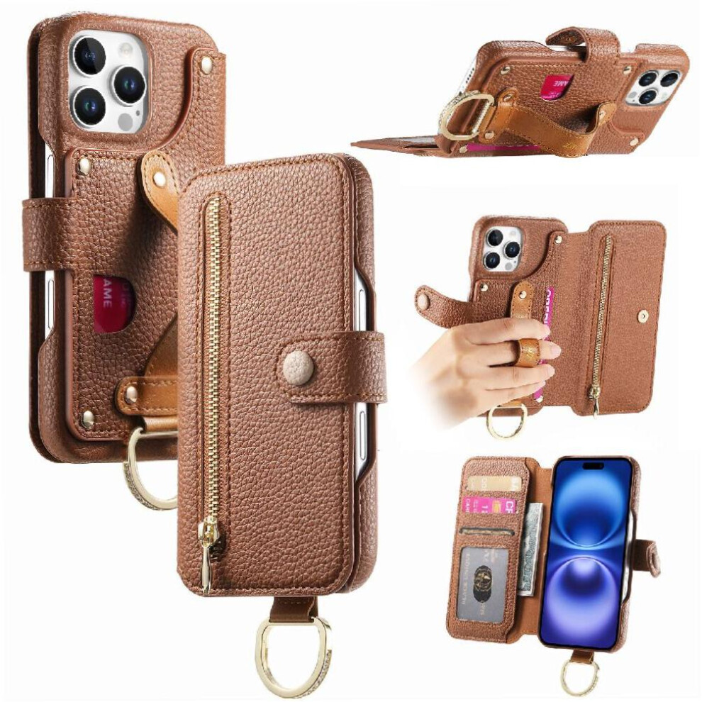(Brown) Compatible With Iphone 13 Pro Case Wallet Crad Slot Zipper Wristband Stand Brown 764563698660