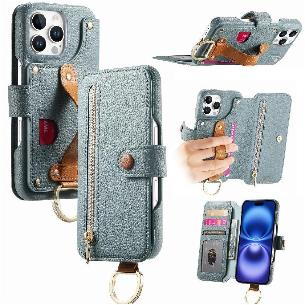 (Blue) Compatible With Iphone 13 Pro Case Wallet Crad Slot Zipper Wristband Stand Blue 764563698684
