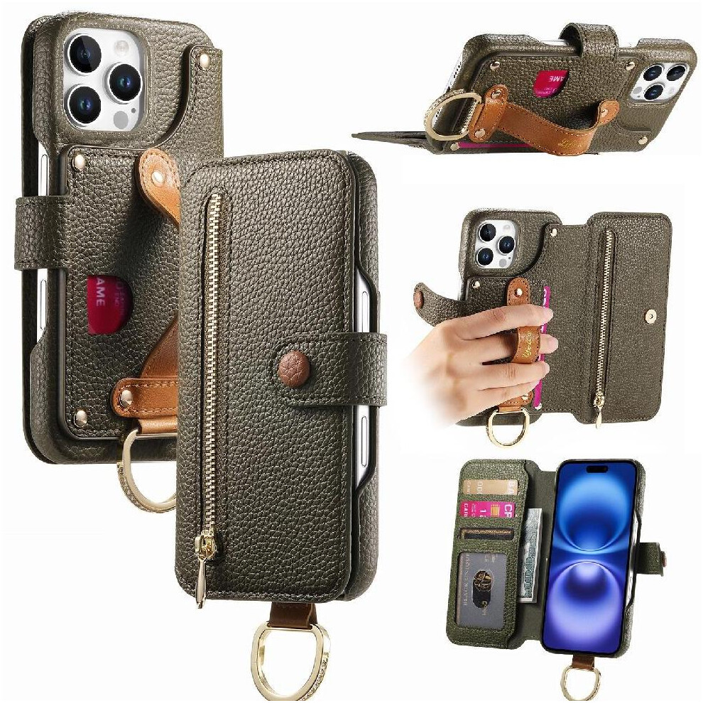 (Green) Compatible With Iphone 13 Pro Case Wallet Crad Slot Zipper Wristband Stand Green 764563698677