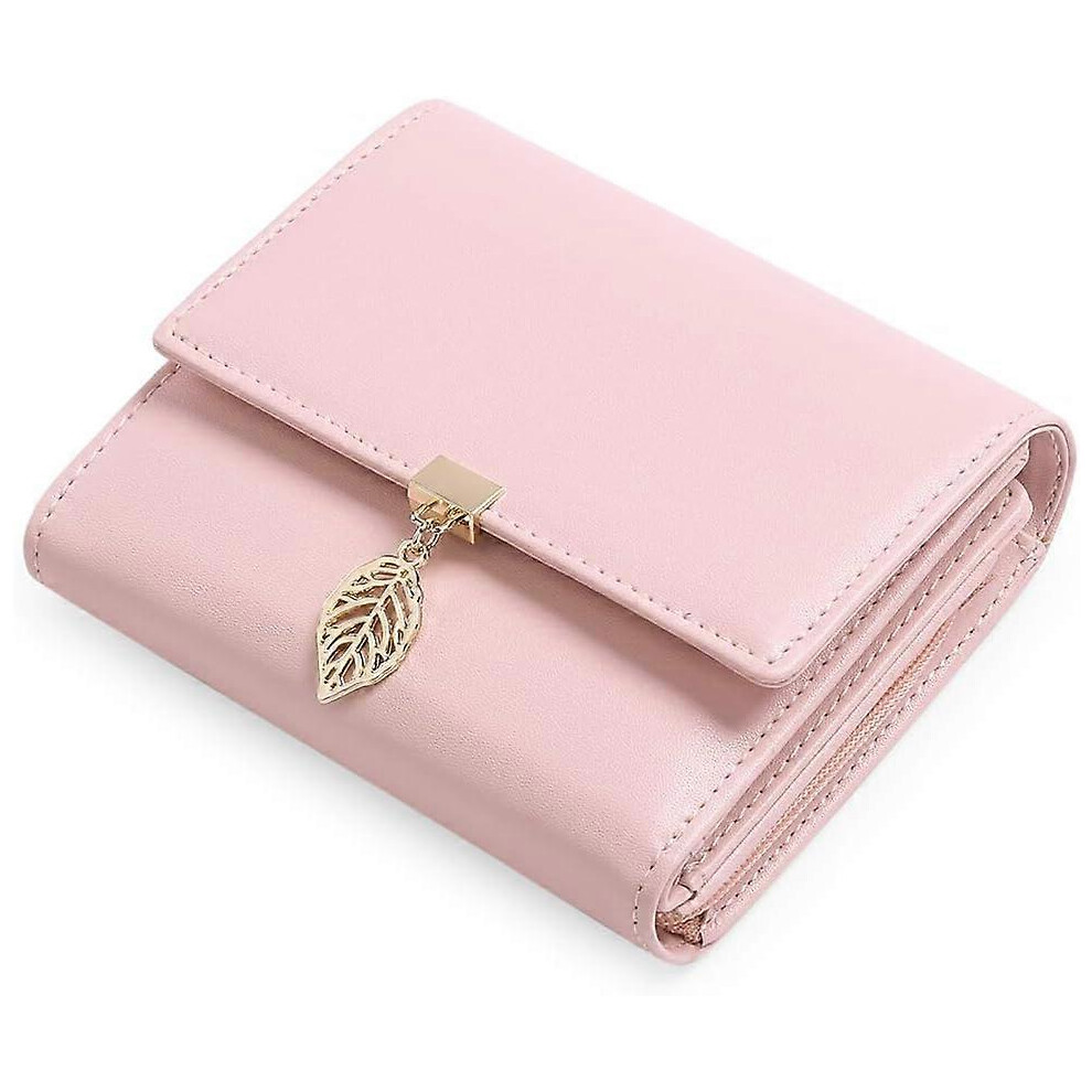 (As show, One size) Light Pink Women's Purse Delicate Leaf Wallet PU Leather Zipper Coin Wallet with 6 Credit Card Slots