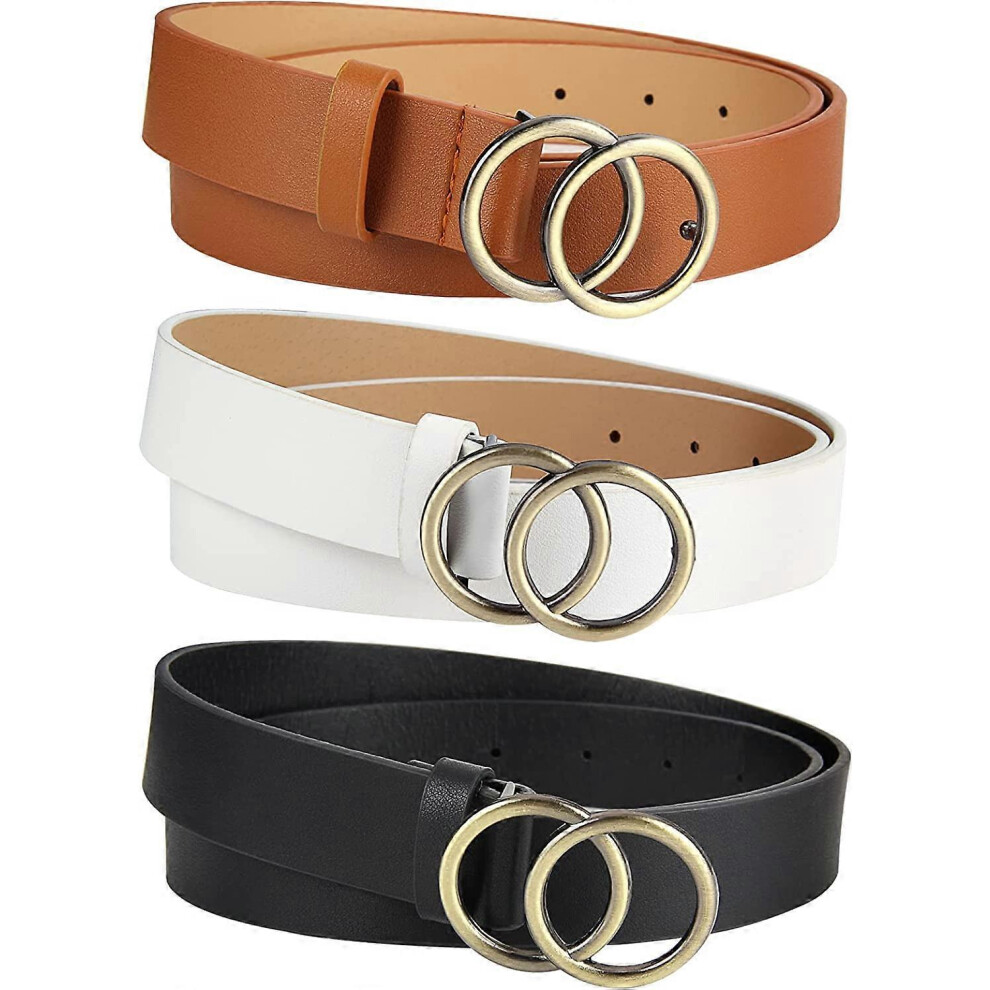 (As show, One size) 3 Pieces Round Buckle PU Leather Belt, Women Leather Buckle Belt with Double O-Ring Design for Jeans Lady Dress(White/Black/Brown)