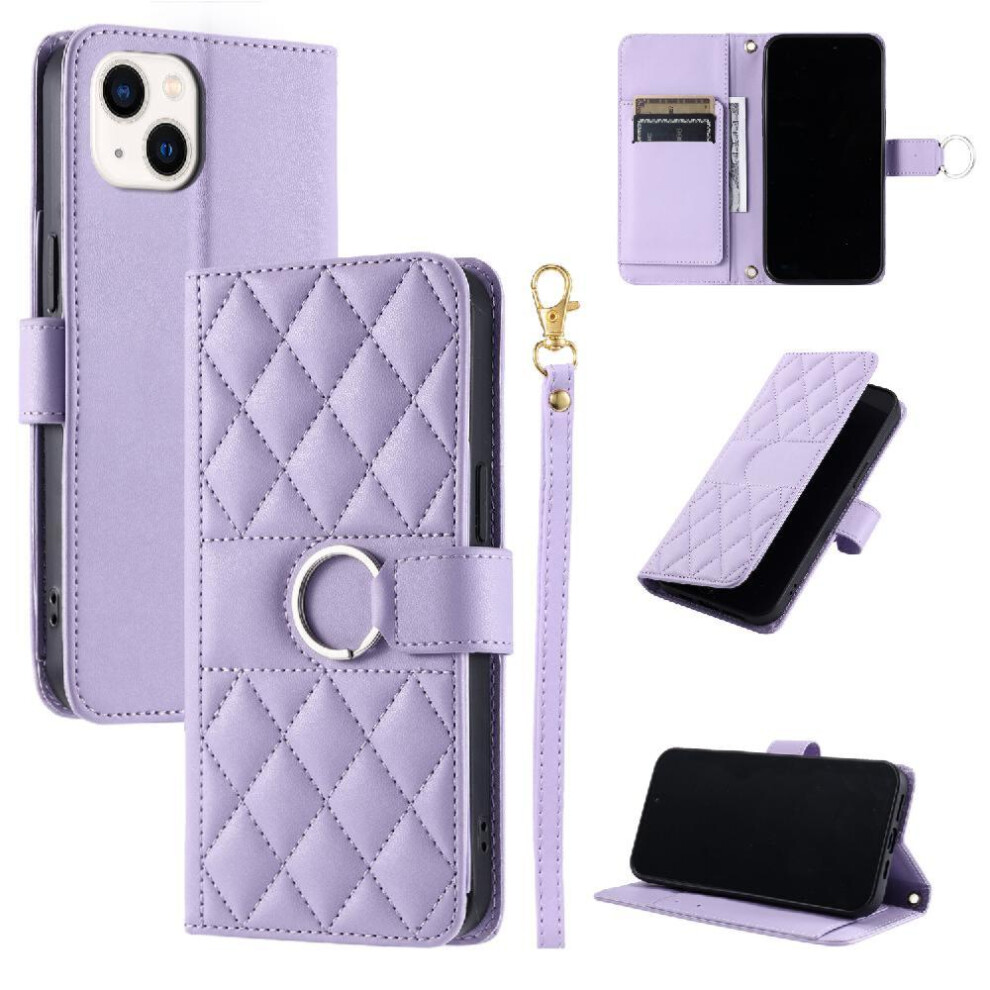 (Purple) Flip Case For Iphone 13 Magnetic Pu Leather Card Slots Holder Wrist Strap Protective Purple 764563701759