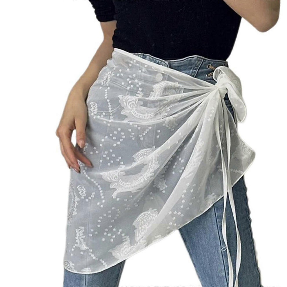 (As Show, One Size) Women Aesthetic See Through Lace Apron Skirt Vintage Tie Up Sheer Covering Overskirt Add Sophistication To Your Look White 7683012621802