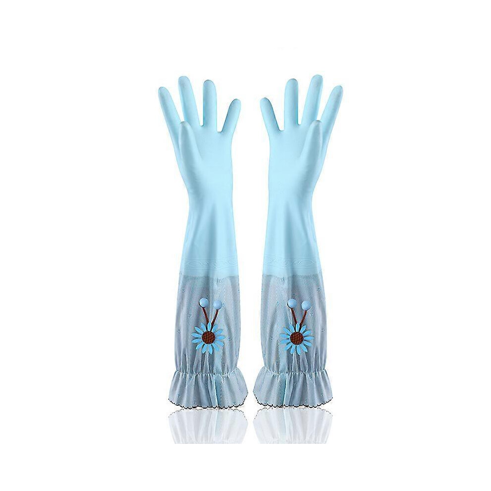 (As Show, One Size) Sunflowers-Dishwashing Gloves Thickened And Lengthened Plush Waterproof Plastic Gloves For Cleaning Durable Kitchen Laundry Blue