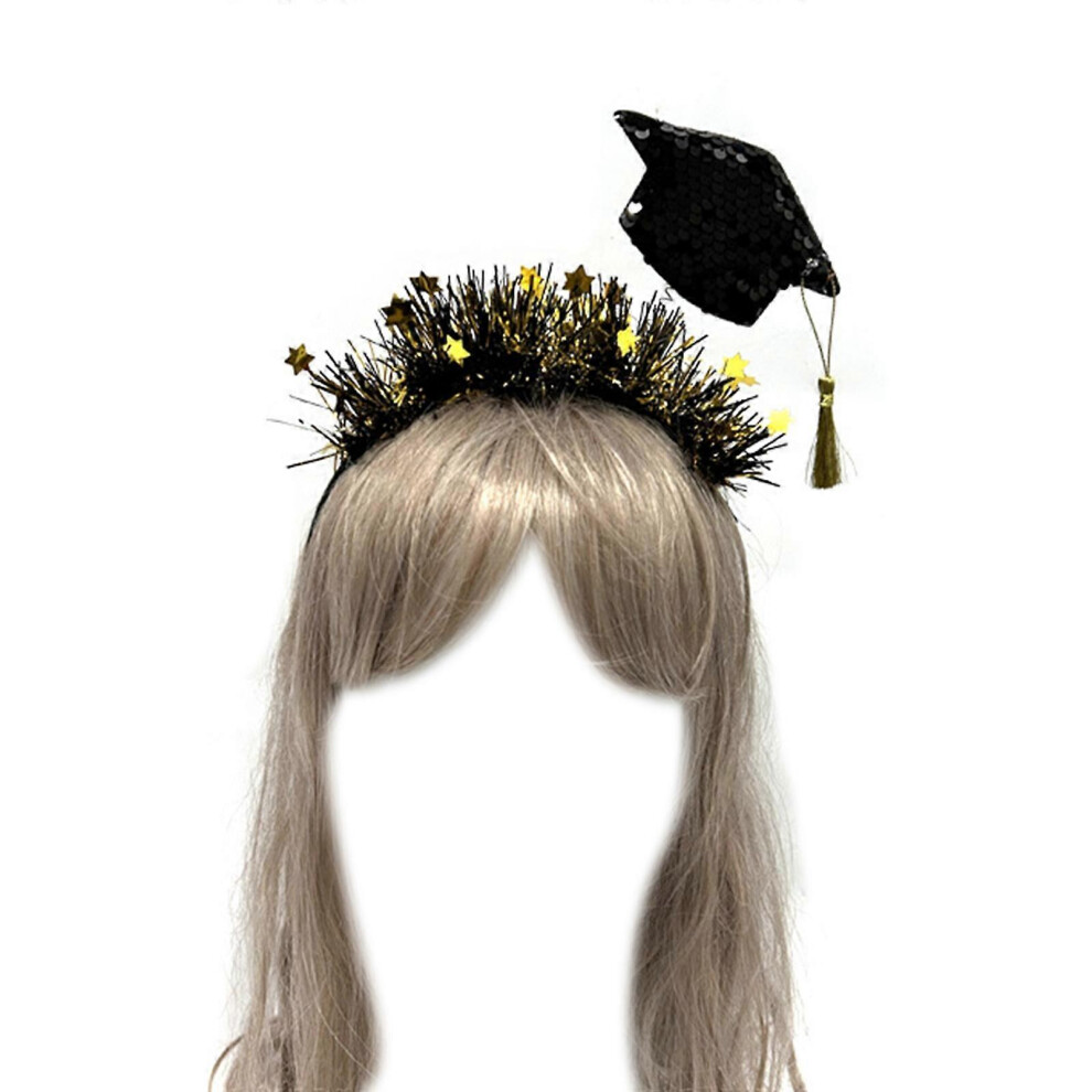 (Section 5, One Size) Graduation Hat Mini Grad Tinsel Headbands Mini Grad Tassle Graduation Hat Mini Bachelor Hat Golden Tinsel 7683012624063