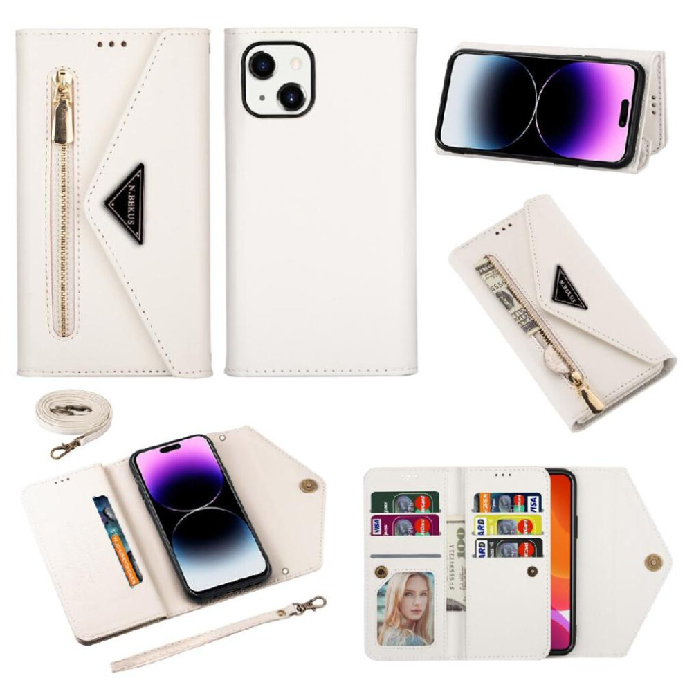 (White) Zipper Pocket Case For Iphone 13 Wrist Strap Crossbody Strap Protective Cover Shockproof Kickstand White 764563710621