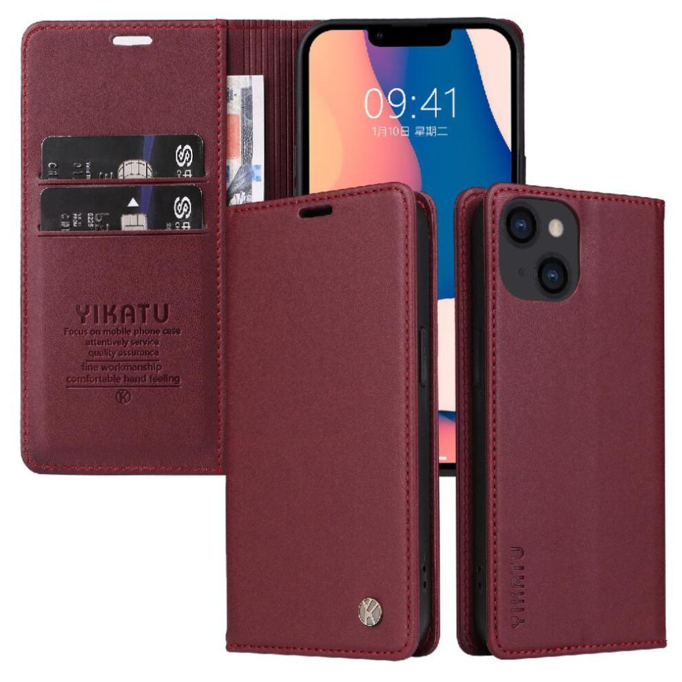 (Red) Flip Case For Iphone 13 With Card Slots Faux Leather And Full Matte Tpu Strong Magnetic Attraction And Stand Functionality Red 764563711666
