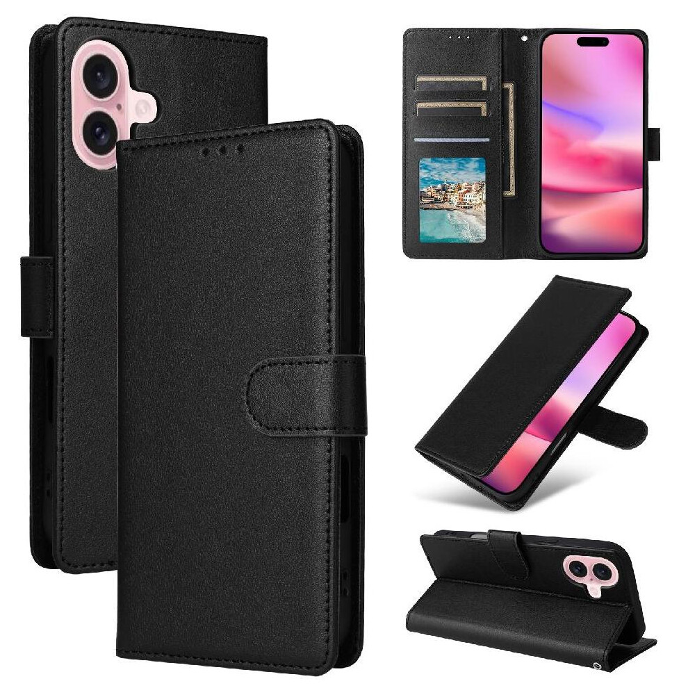 (Black) Flip Case For Iphone 16 Card Holder Pu Leather Wallet Case Wrist Strap Kickstand Magnetic Black 764563711956