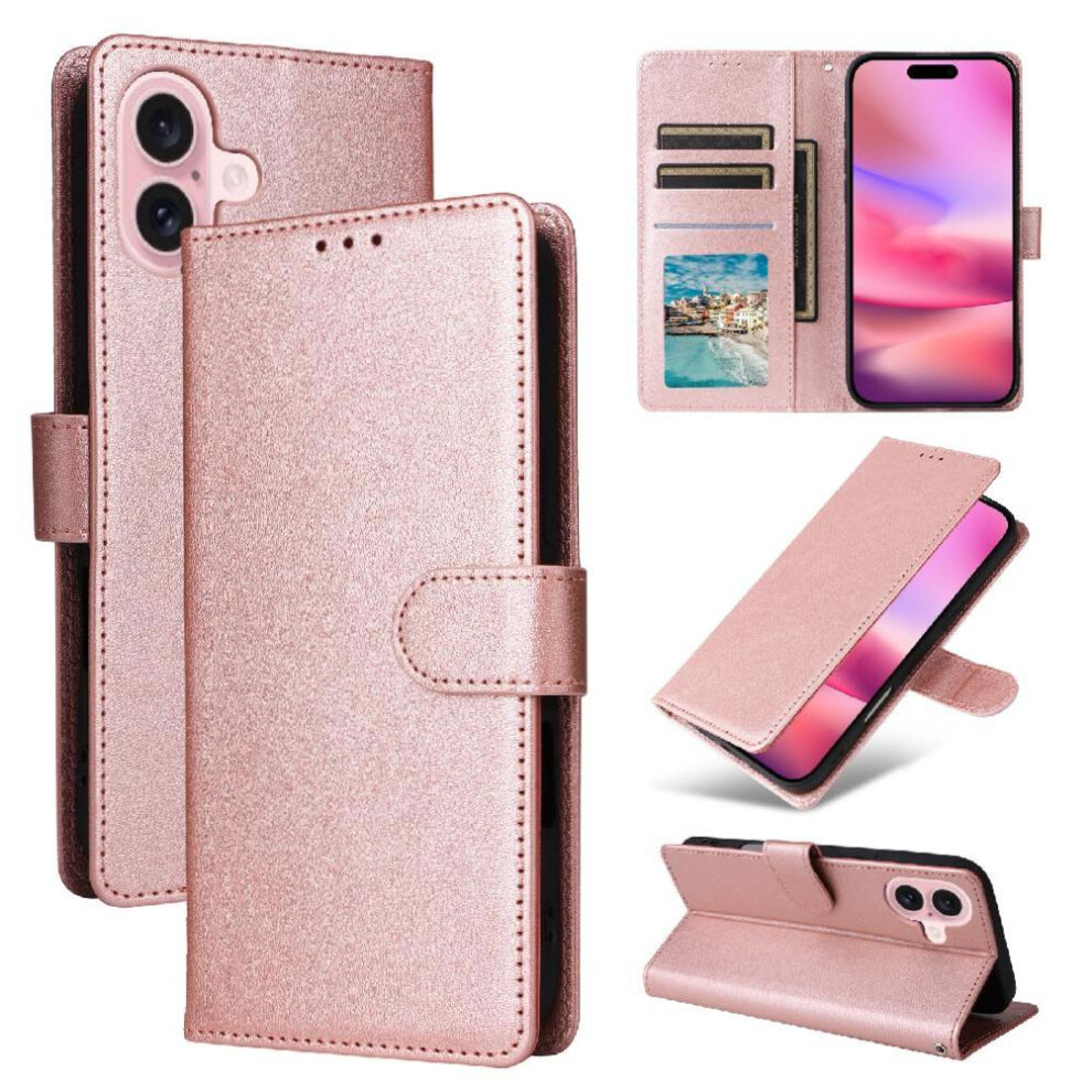 (Rose ) Flip Case For Iphone 16 Card Holder Pu Leather Wallet Case Wrist Strap Kickstand Magnetic Gold 764563711963
