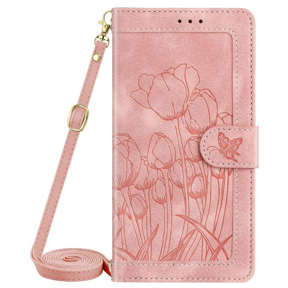 (Pink) Fashion Wallet Case For Iphone 16 Kickstand Magnetic Closure Tulip Embossed Flip Case Pu Leather Crossbody And Wrist Strap Pink 764563714292