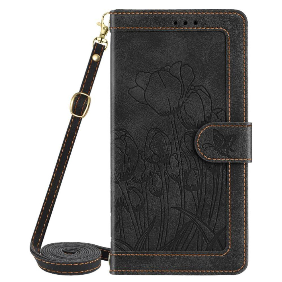 Photos - Case Fashion Wallet for iphone 13 Pro Max Kickstand Pu Leather Crossbody and Wrist Strap Magnetic Closure Tulip Embo(Black)