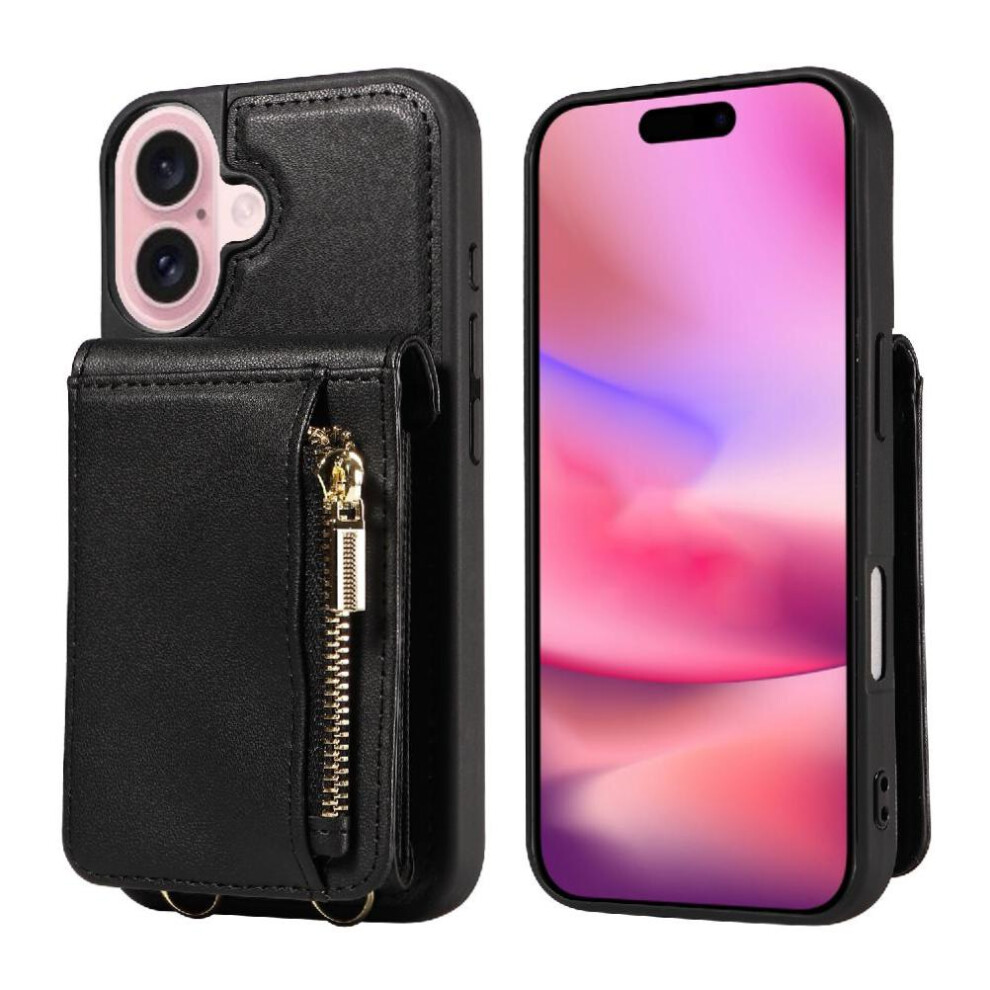 Photos - Case Organ Phone for iphone 16 Card Holder Zipper Pocket Kickstand Crossbody and Wrist Strap Rfid Biocking(Black)