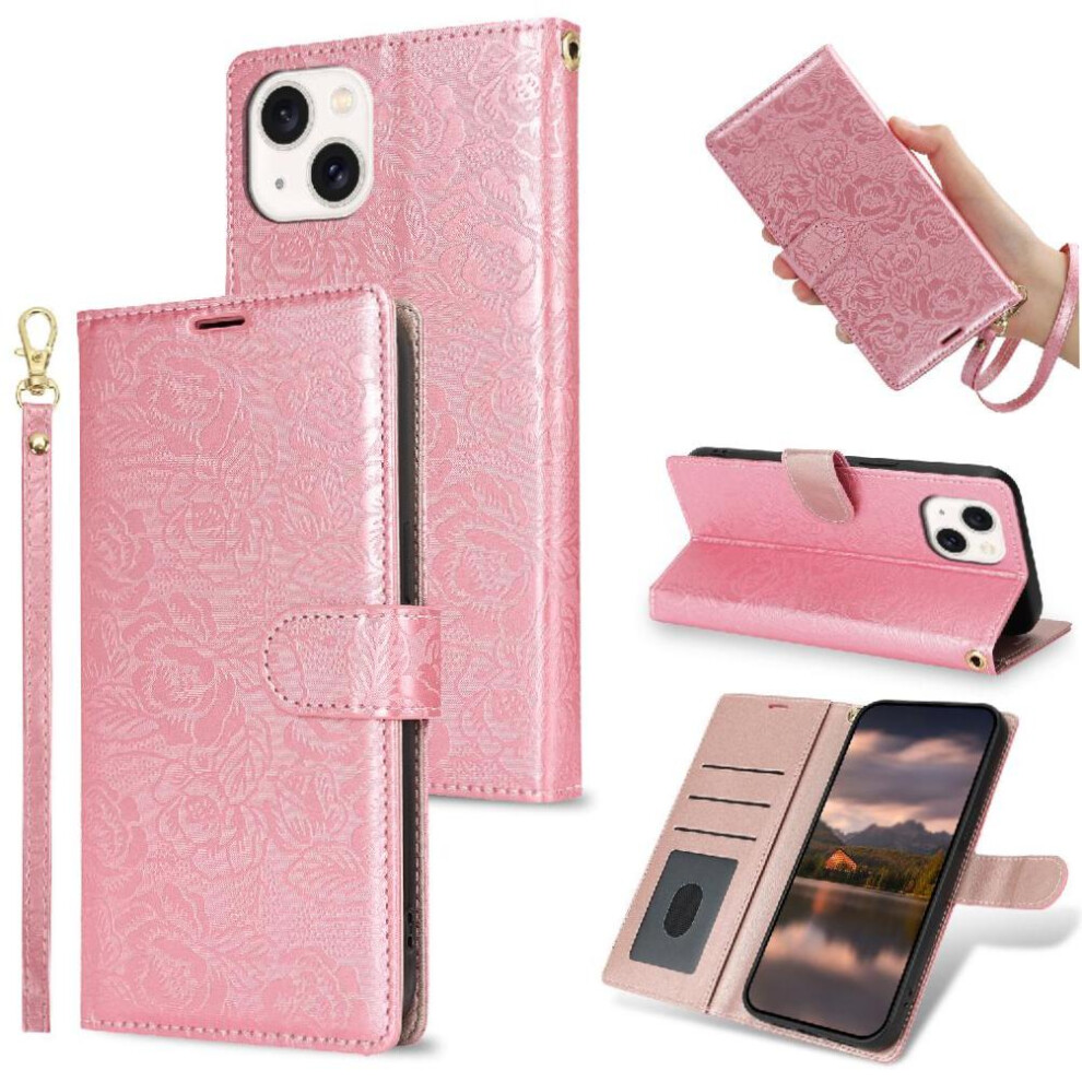 (Pink) Flip Case For Iphone 13 Soft Tpu Wallet Wrist Lanyard Magnetic Closure Pink 764563715572