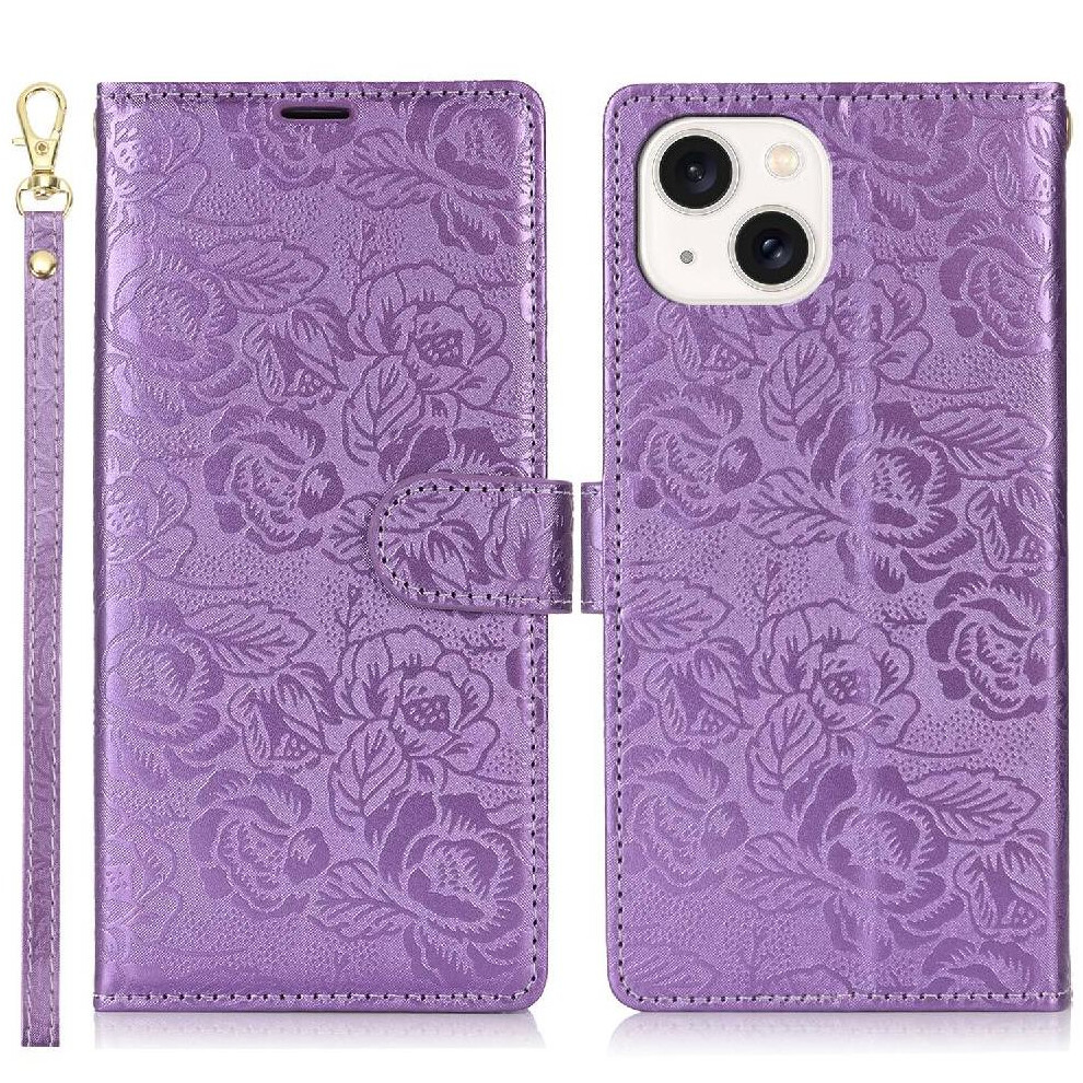 (Purple) Flip Case For Iphone 13 Soft Tpu Wallet Wrist Lanyard Magnetic Closure Purple 764563715565