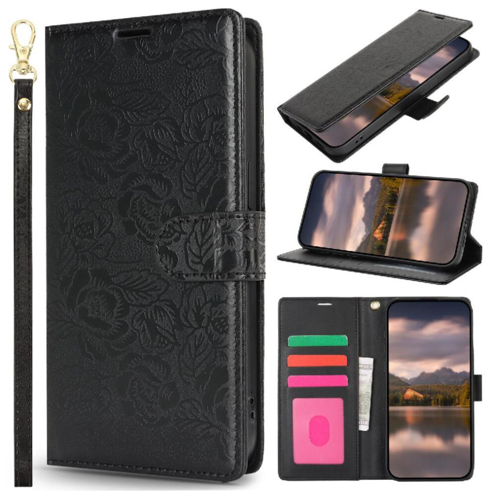 (Black) Flip Case For Iphone 13 Pro Max Wrist Lanyard Magnetic Closure Soft Tpu Wallet Black 764563715602