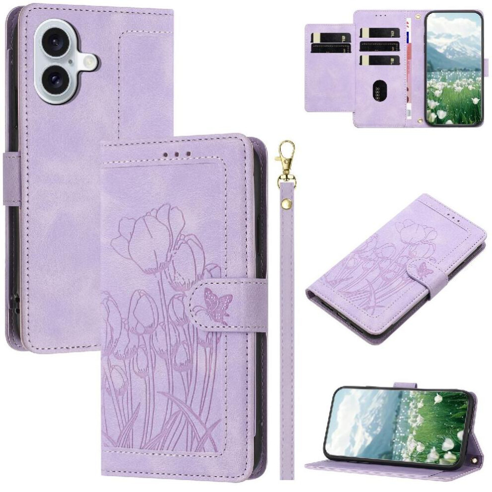 ( Violet) Wallet Case For Iphone 16 Plus Wrist Strap Pu Leather Magnetic Closure Kickstand Tulip Embossed Flip Case Light 764563717613