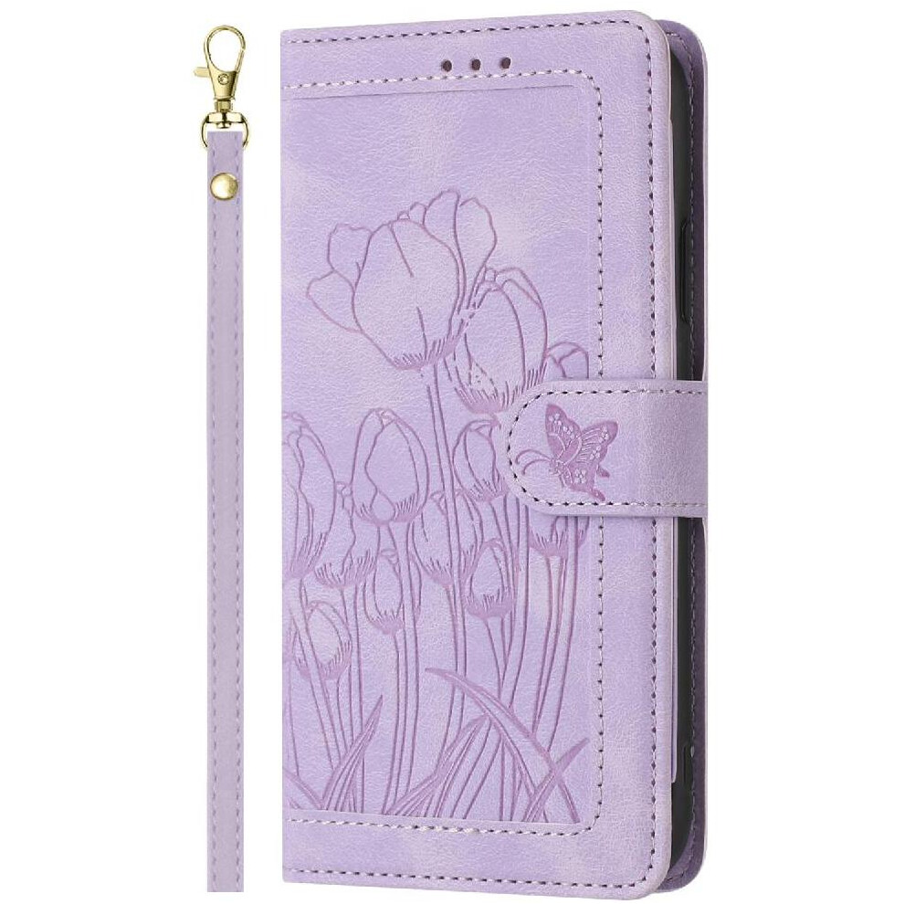 ( Violet) Wallet Case For Iphone 16 Pro Kickstand Pu Leather Tulip Embossed Flip Case Magnetic Closure Wrist Strap Light 764563717552