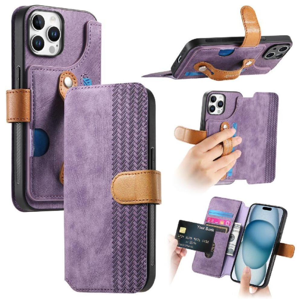(Purple) Case For Iphone 16 Pro Card Slots Wrist Strap Shockproof Wallet Purple 764563717996