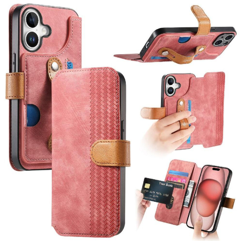(Pink) Case For Iphone 16 Wallet Card Slots Shockproof Wrist Strap Pink 764563718160