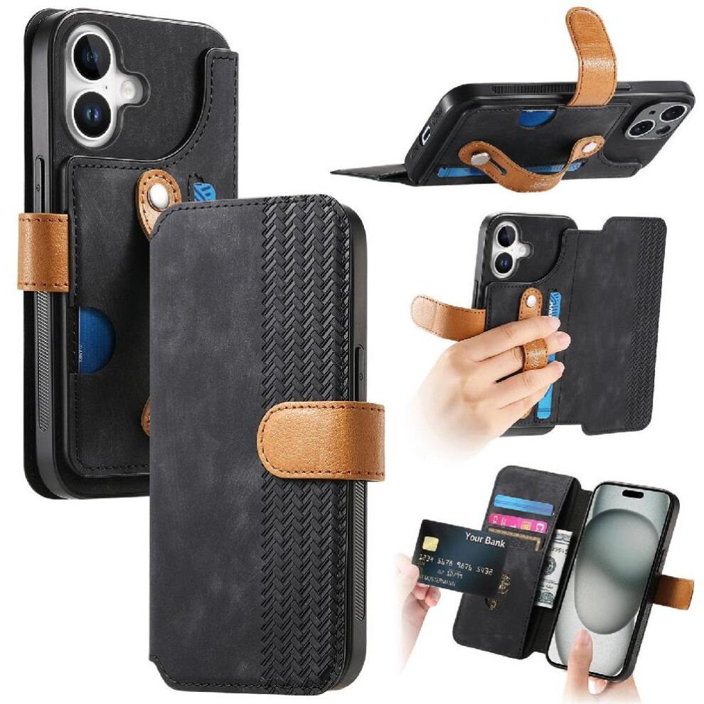 (Black) Case For Iphone 16 Wallet Card Slots Shockproof Wrist Strap Black 764563718122