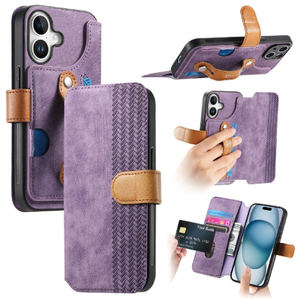 (Purple) Case For Iphone 16 Wallet Card Slots Shockproof Wrist Strap Purple 764563718115