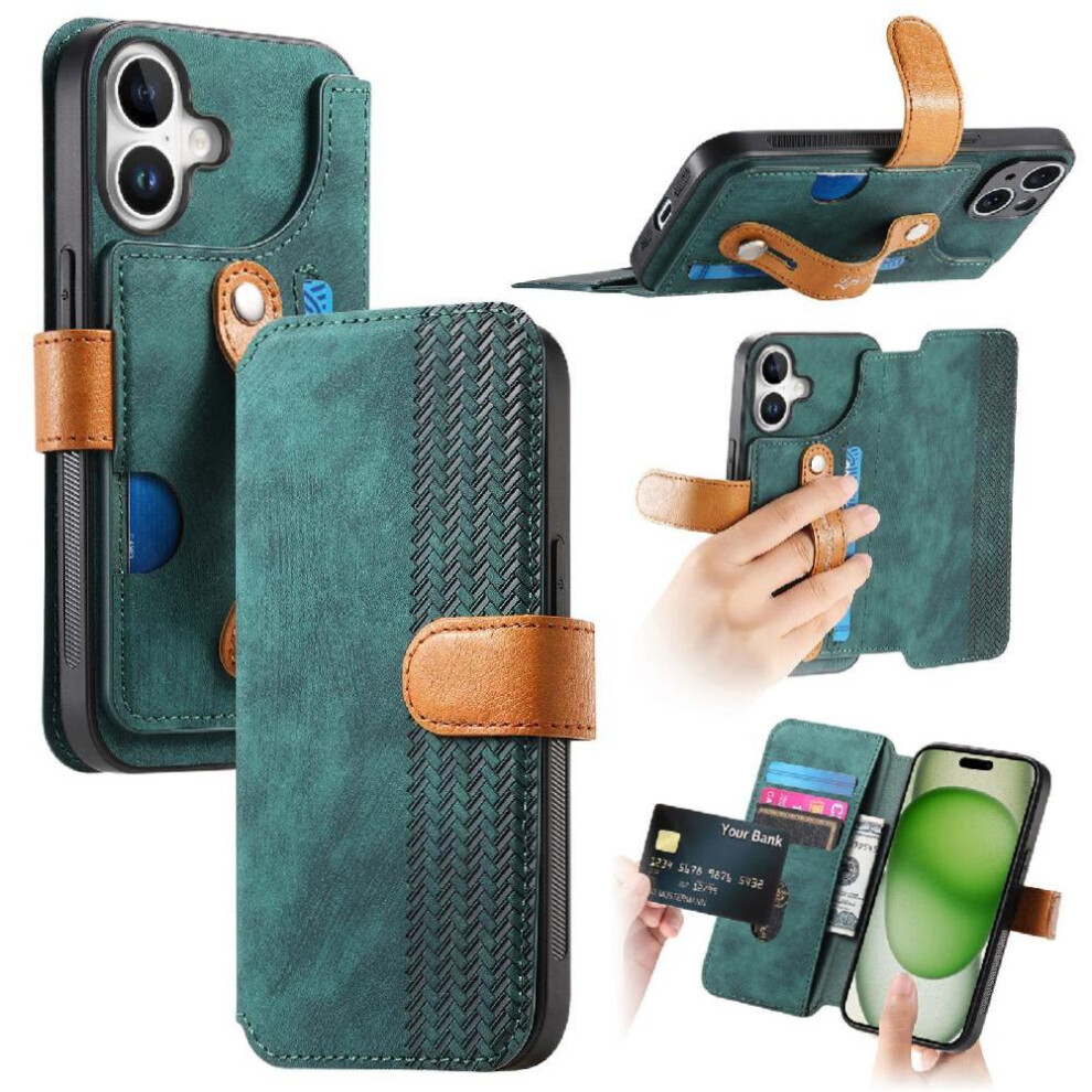 (Green) Case For Iphone 16 Wallet Card Slots Shockproof Wrist Strap Green 764563718153