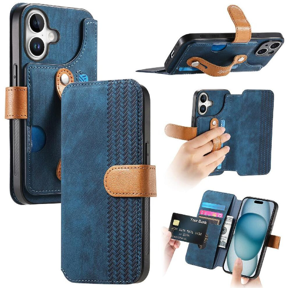 (Blue) Case For Iphone 16 Wallet Card Slots Shockproof Wrist Strap Blue 764563718139