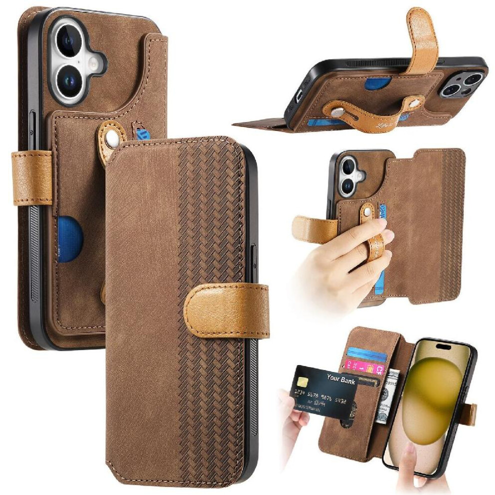 (Brown) Case For Iphone 16 Wallet Card Slots Shockproof Wrist Strap Brown 764563718146