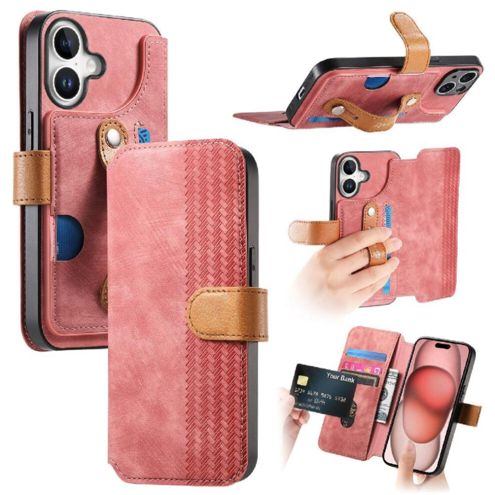 (Pink) Case For Iphone 16 Plus Shockproof Wallet Card Slots Wrist Strap Pink 764563718221